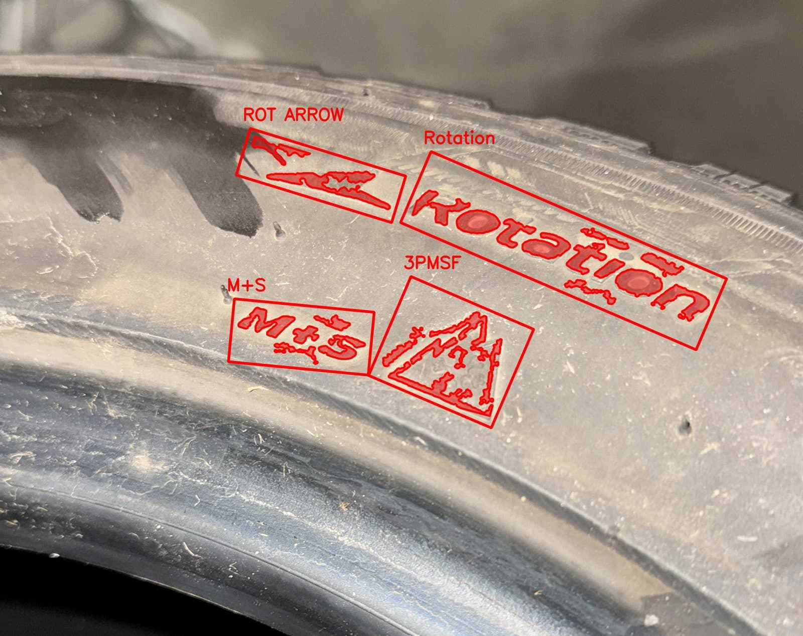 A worn tire sidewall photographed in the workshop, with the recognition result drawn over it: boxes around the rotation arrow, the word Rotation, the M+S marking and the three peak mountain snowflake symbol.